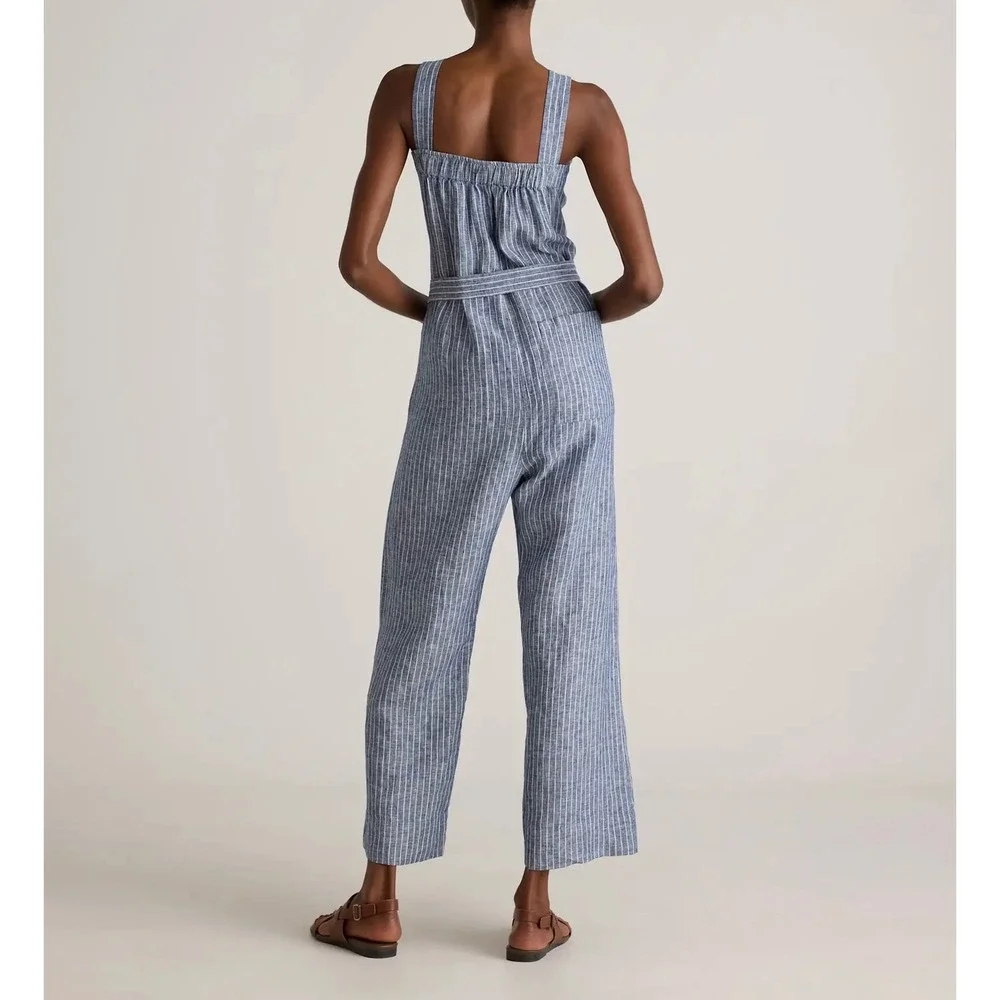 Quince Jumpsuit NO BELT European Linen Square Neck Blue Chambray Stripe Large